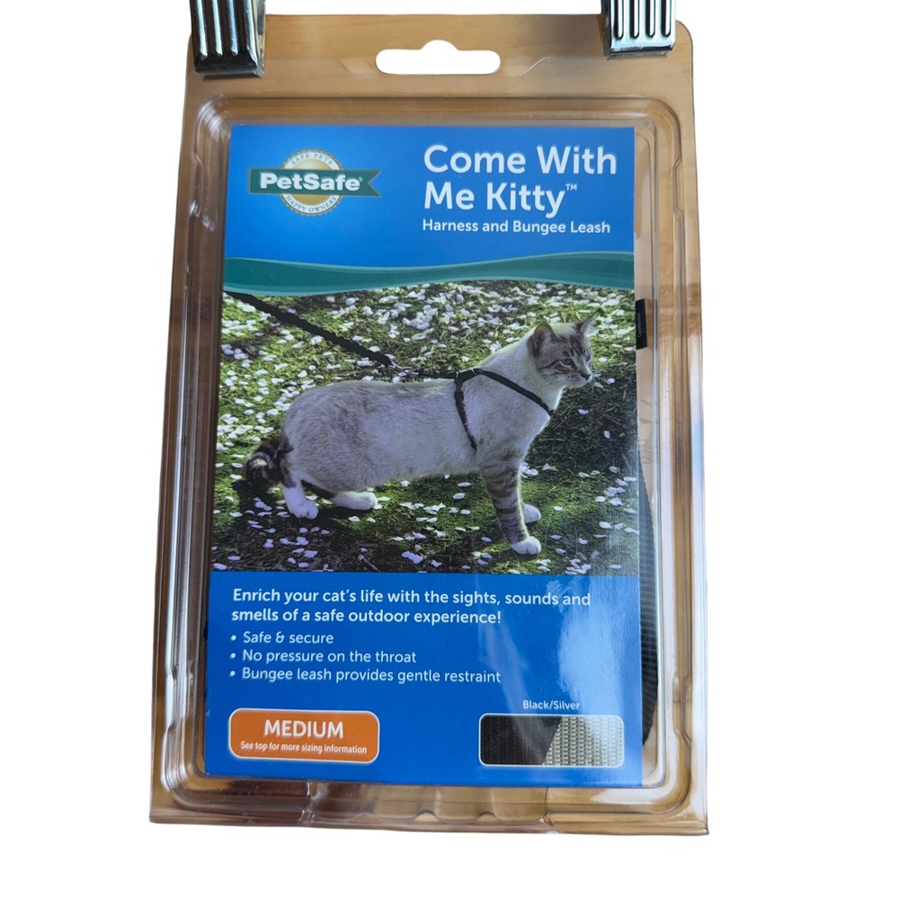PetSafe Come With Me Kitty Cat Harness & Bungee Leash Medium Black Silver NWOT